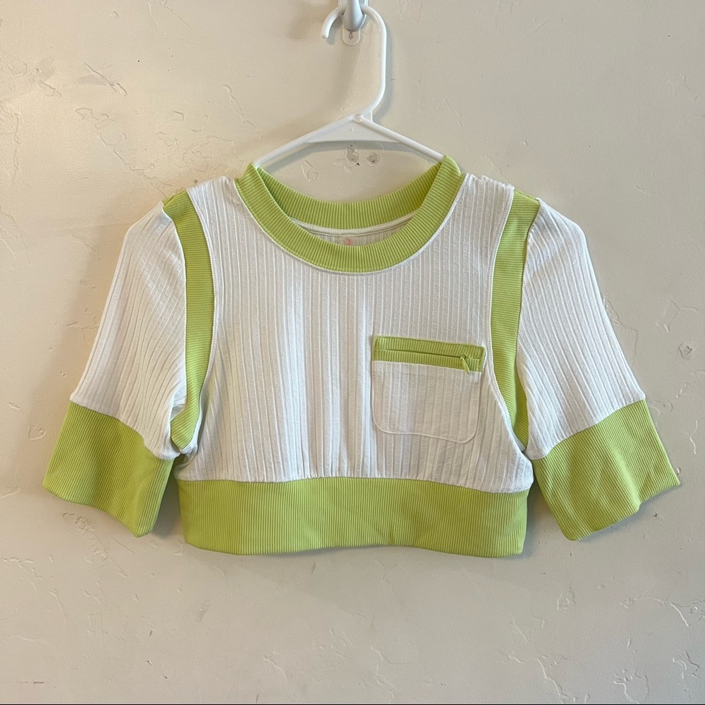 Free People Movement Green & White Ribbed Cropped Tee Shirt Small